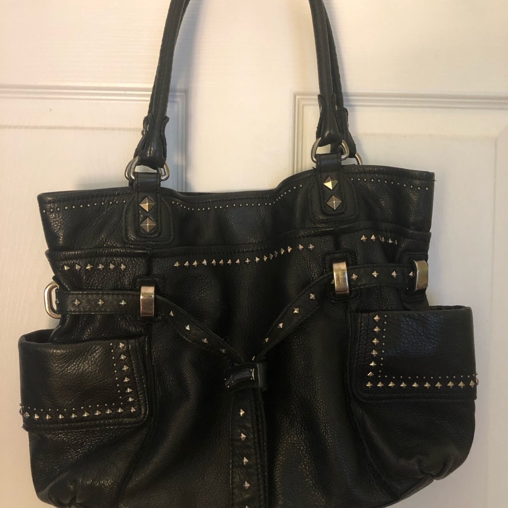 B. Makowsky Black Studded Leather Tote Bag